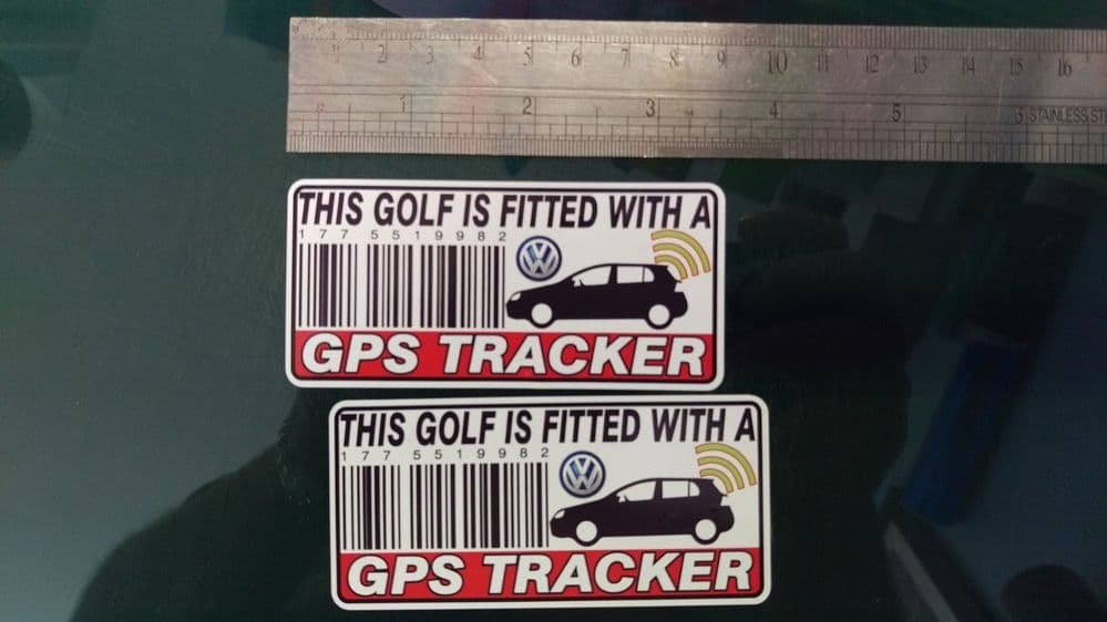 This GOLF Is Fitted with a GPS Tracker Stickers Decal x2