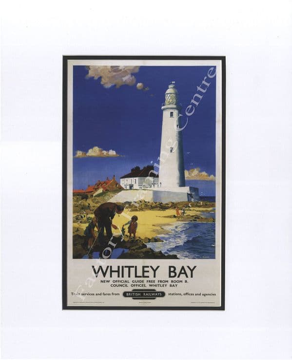 Whitley Bay Light House - Modern Railway Poster Style Mounted Print