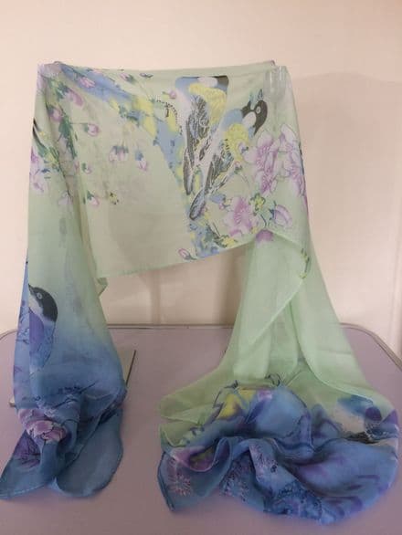 Blue & Green Ombre Scarf with Small Birds