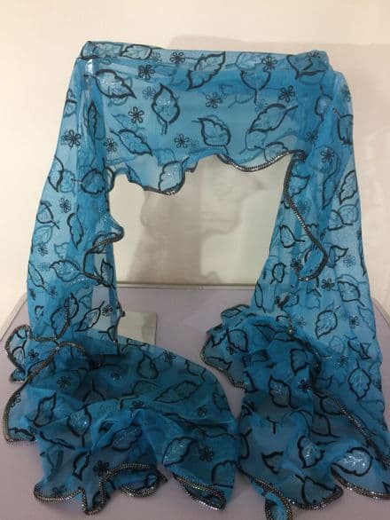 Blue Scarf with Silver Leaf Details