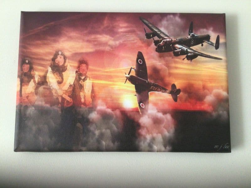 Lancaster and Spitfire in the sky with Airmen photo canvas