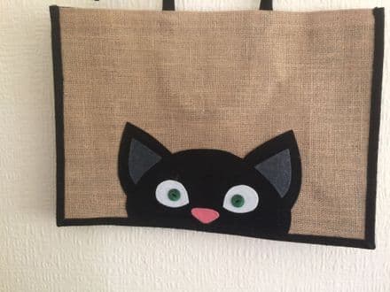 Peeking Black Cat Large Jute Bag