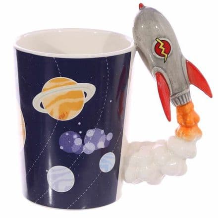Space Rocket Shaped Handle Mug With Orbiting Planets Decal