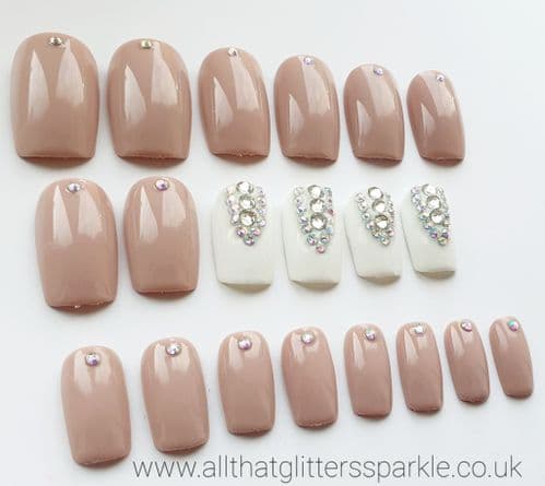 Nude & White Crystal Nails