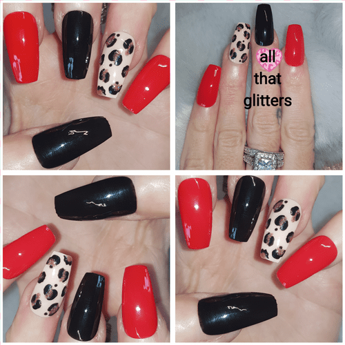 Red, Black and Animal Nail Art Nails