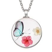 Aqua Butterfly & dried flowers set in a glass pendant - 18" chain