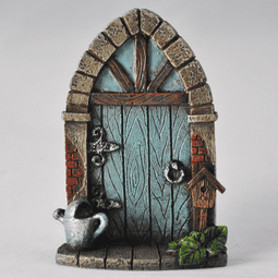 Blue Arched Cottage Fairy Door with watering can.