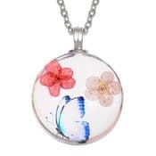 Blue & White butterfly & Pink dried flowers set in a glass pendant - 18" chain