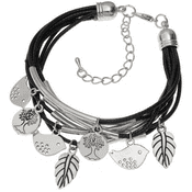 Charm Bracelet - 7 black cord Bracelet with tree, bird & leaf charms