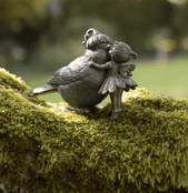 Fairy Kissing a garden Bird - Antique Bronzed Resin Garden Ornament - 15cm