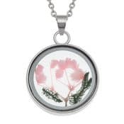 Flower Necklace - Pink flowers in a circular glass case - 18" chain