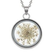 Flower Necklace - White flowers in a circular glass case - 18" chain