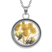 Flower Necklace - Yellow flowers in a circular glass case - 18" chain