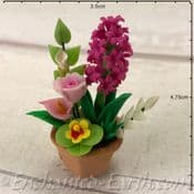 Gardeners World Handmade Miniatures - Pink Hyacinths & mixed flowers - In a Terracotta Pot - 5cm
