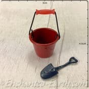 Gardeners World Miniatures - Metal Red Bucket & mini Spade  - 2cm