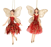 Gisela Graham - Pair of  2 Red & Gold  Fairies - 18cm