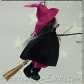 Handmade Rustic - Flying Witch - Pat in Pink & Black - 16cm long