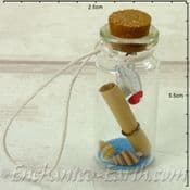 Nautical Bottle - Miniature bottle with Metal Boat charm, Blue sand & shells & scroll  -  5cm