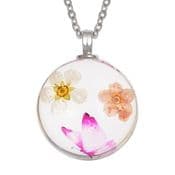 Pink butterfly & dried flowers set in a glass pendant - 18" chain