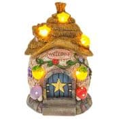 Solar - Light- up  Thatched  cottage with stars -  Fairy Cottage - 14.5cm