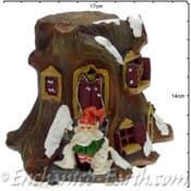 The Christmas Garden  - Light up -  LED Gnome Home -  Tree  House  with Gnome & Bunny- 14cm tall