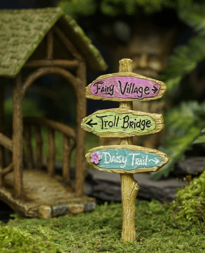 Fairy Village Troll Bridge Daisy, Fairy Garden Sign Post