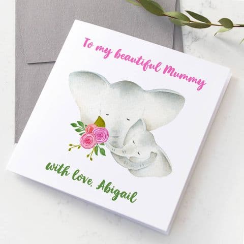 Personalised Elephant Mum And Baby Hugging Card