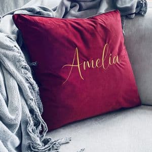 Personalised Gold Embroidery Cranberry Velvet Cushion