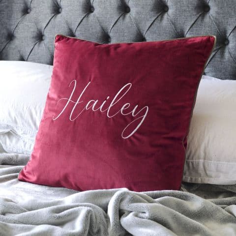 Personalised Silver Embroidery Cranberry Velvet Cushion