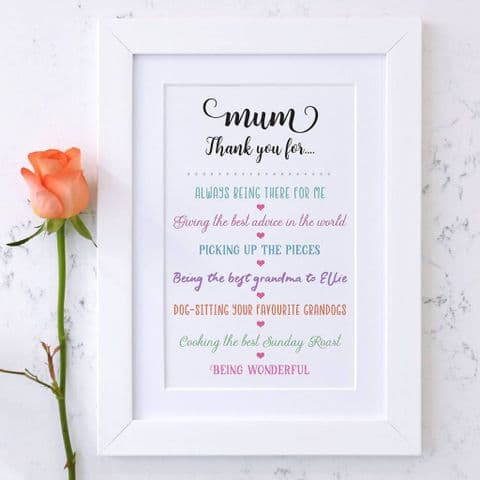 Personalised Thank You Mum Mothers Day Print